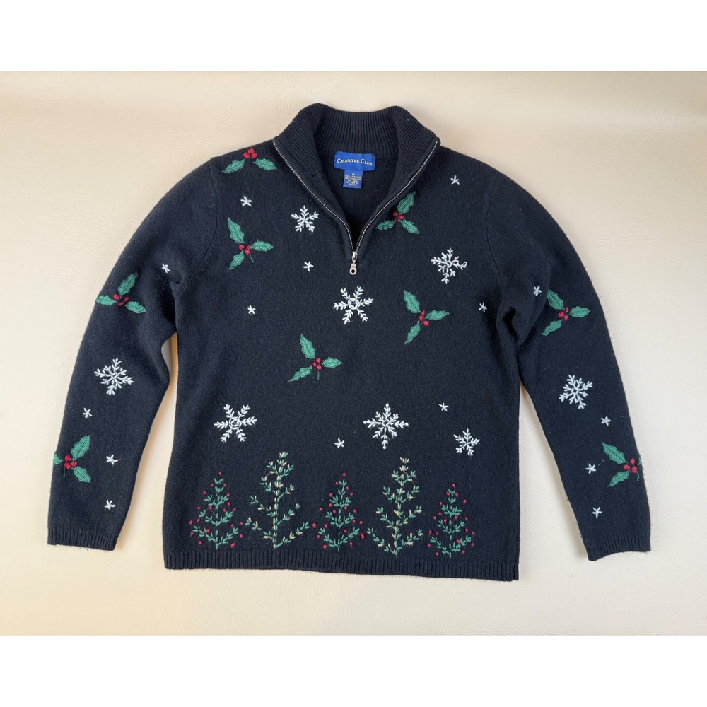 Vintage Charter Club 100% Lambswool Christmas Sweater Black Half Zip Medium